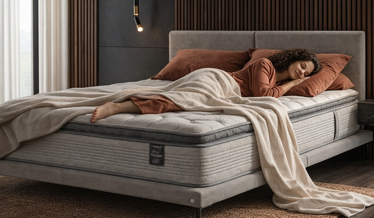 Mulher dormindo confortavelmente em cama elegante com colchão alto, travesseiros e manta, ilustrando como ter cama de hotel em casa.