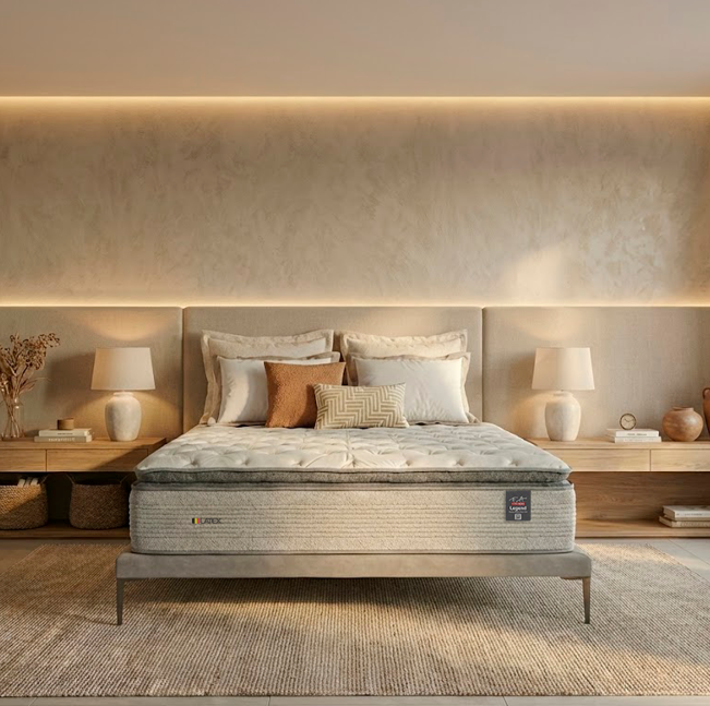 Colchão Legend da F.A. Colchões em quarto elegante com cabeceira iluminada, destacando conforto premium e tecnologia antiácaro para noites de sono mais saudáveis.