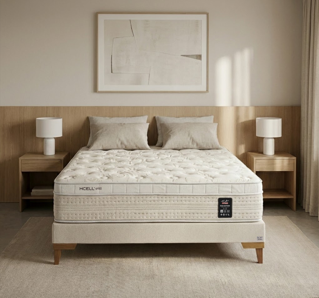 Colchão Eco Cotton da F.A. Colchões em quarto minimalista com decoração em madeira clara, destacando conforto, tecido em algodão e tecnologia antiácaro.