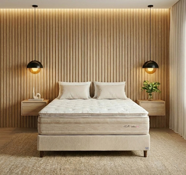 Colchão Dallas da F.A. Colchões em quarto moderno com painel ripado de madeira e iluminação indireta, destacando conforto e tecnologia antiácaro.