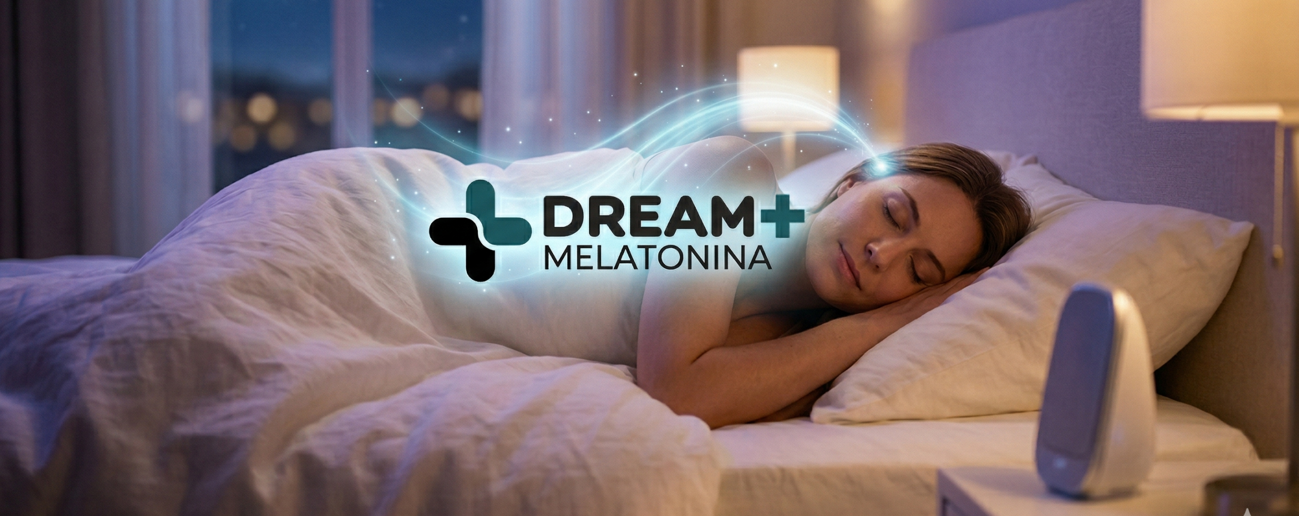 Mulher dormindo tranquilamente em um quarto à noite, com iluminação suave e representação visual da tecnologia Dream+ Melatonina atuando durante o sono.
