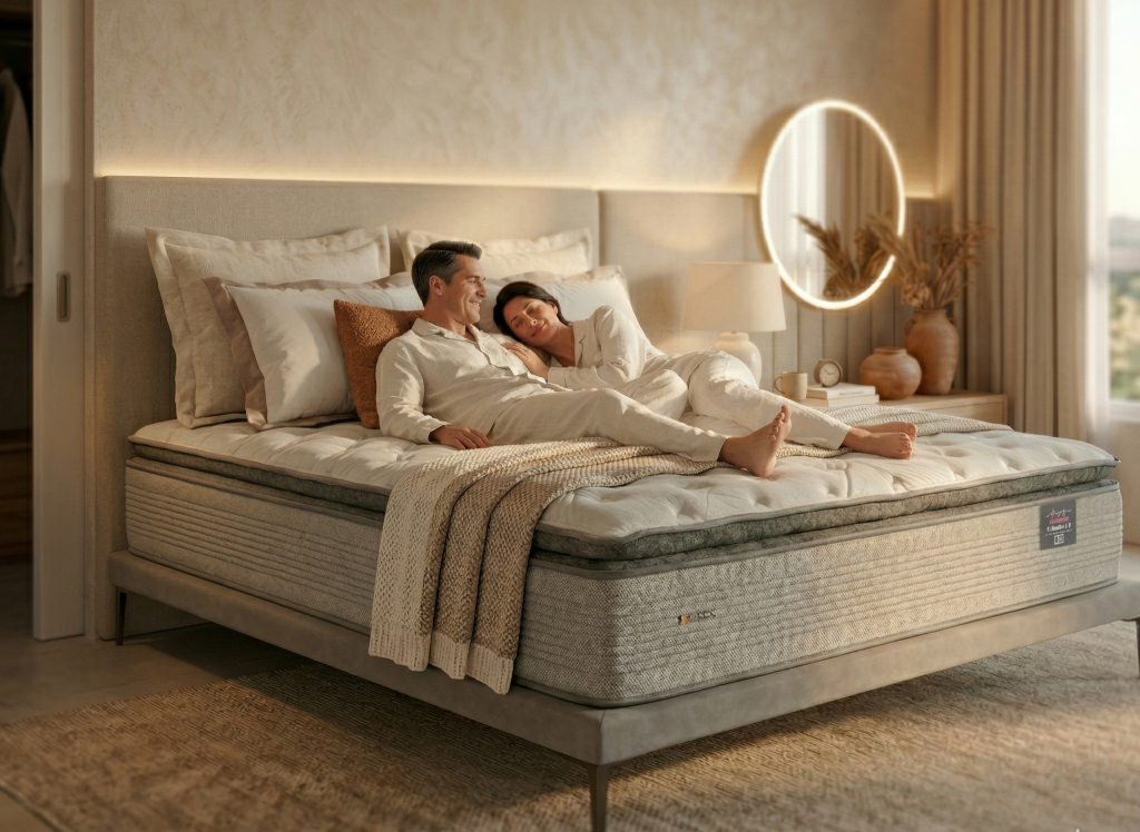 Casal relaxando deitado em um colchão de alto padrão em um quarto moderno, com iluminação suave e decoração aconchegante, transmitindo conforto e bem-estar.