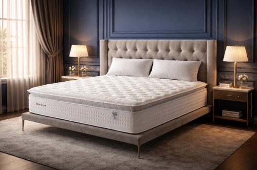 Colchão moderno em ambiente sofisticado de quarto, com iluminação aconchegante e decoração elegante que transmite conforto e qualidade do sono.