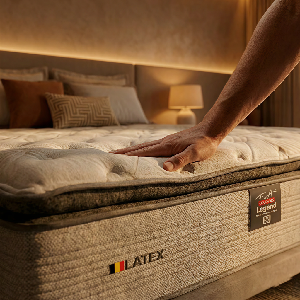 Mão pressionando a superfície de um colchão de látex premium em um quarto aconchegante, evidenciando a maciez e o conforto do produto