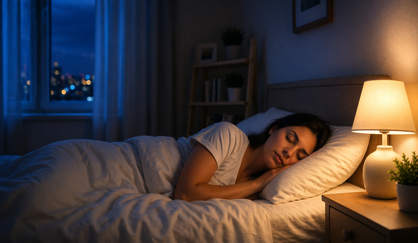 Pessoa dormindo no quarto à noite com abajur ligado, representando o hábito de dormir com a luz acesa