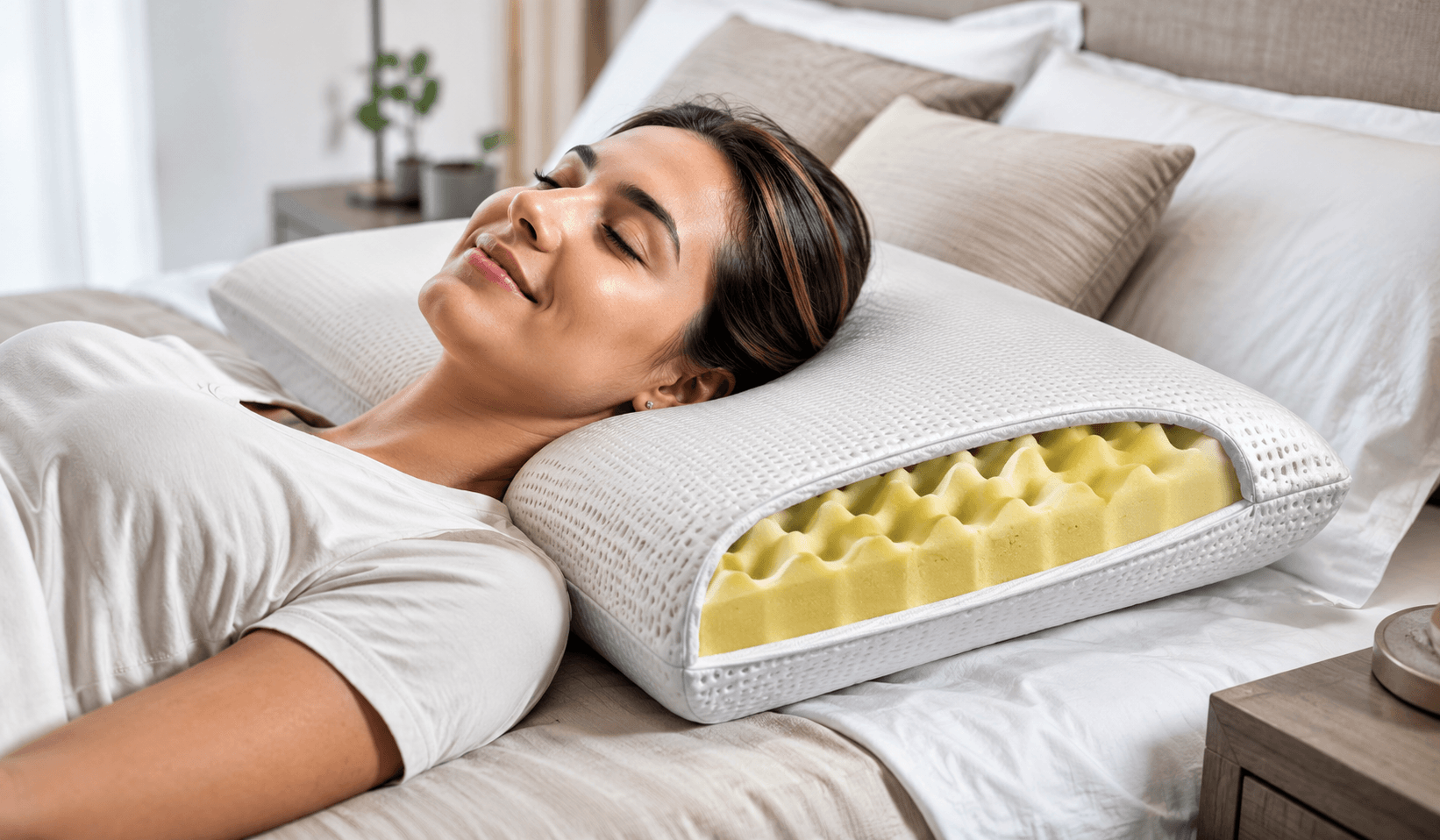 Mulher relaxando com a cabeça apoiada em travesseiro massageador com espuma amarela em gomos, destacando conforto cervical e bem-estar.