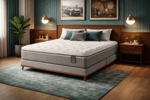 Colchão Max Recovery em quarto sofisticado, com decoração elegante, iluminação aconchegante e destaque para conforto, suporte e qualidade do sono.