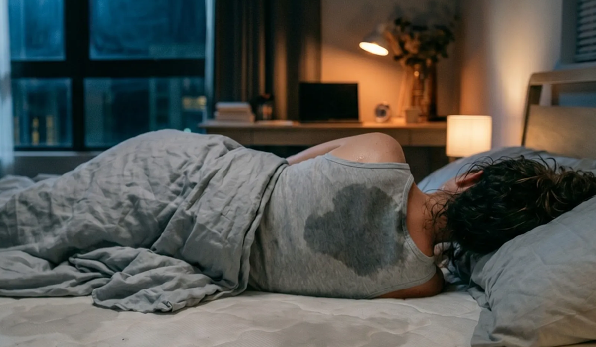 Pessoa dormindo em uma cama durante a noite com sinais de calor e suor, representando a sensação de que o colchão esquenta