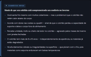 Card informativo com sinais de que o colchão pode comprometer o conforto no inverno, como frio, dores ao acordar, umidade e afundamentos.