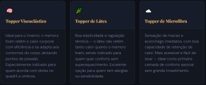 Infográfico com tipos de topper para colchão no inverno, comparando topper viscoelástico, topper de látex e topper de microfibra para melhorar o conforto térmico.