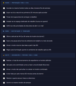 Checklist de rotina diária sobre home office e sono, com hábitos recomendados pela manhã, tarde e noite para melhorar a produtividade e a qualidade do sono.