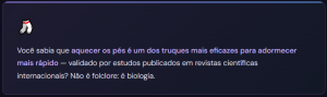 Card informativo explicando que aquecer os pés pode ajudar a adormecer mais rápido, ilustrando os benefícios de dormir de meia.