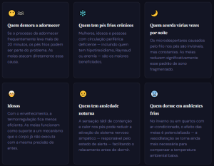 Infográfico explicando para quem dormir de meia pode ser indicado, incluindo pessoas com pés frios, idosos, quem demora a adormecer e quem acorda várias vezes à noite.