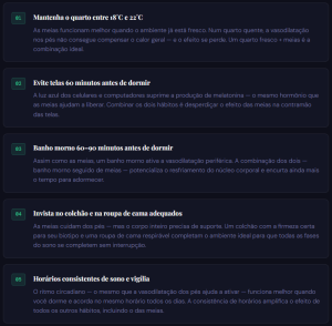 Infográfico com dicas para potencializar os benefícios de dormir de meia, incluindo temperatura do quarto, evitar telas, banho morno, colchão adequado e horários regulares.