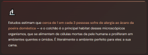 Card informativo sobre alergia a ácaros e a importância do colchão antiácaro para um ambiente de sono mais saudável.