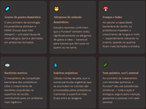 A imagem apresenta um infográfico com dados sobre a tecnologia Purotex aplicada em colchão antiácaro. O material destaca a redução de 93,7% de alérgenos de ácaros do quarto em duas semanas de uso contínuo, informa que 1/3 da população sofre com alergia ao ácaro da poeira doméstica, apresenta 5 cepas naturais de probióticos selecionadas para eliminar alérgenos têxteis e mostra a ativação de 10 mil probióticos em até 48 horas. A arte é ideal para conteúdos sobre colchão antiácaro, tecnologia Purotex, alergias respiratórias, inovação no sono e proteção contínua no tecido do colchão.