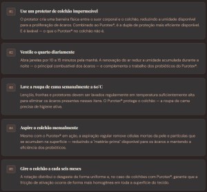 Infográfico com cuidados para manter o colchão antiácaro com Purotex mais protegido, incluindo uso de protetor, ventilação, lavagem da roupa de cama e aspiração.