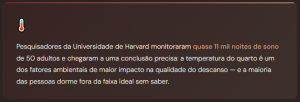 Card informativo sobre a temperatura ideal para dormir, destacando que a temperatura do quarto impacta diretamente a qualidade do sono.