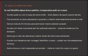 Card informativo com sinais de temperatura errada no quarto, como suor noturno, dificuldade para adormecer, dores musculares e sono não reparador.