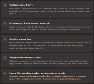 Card informativo com dicas para usar o ar-condicionado na temperatura ideal para dormir, incluindo ajuste térmico, timer, umidade e limpeza do filtro.