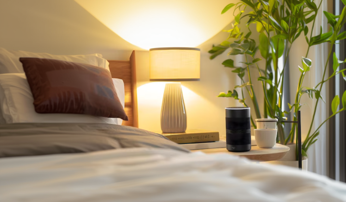 Quarto aconchegante com iluminação quente, cama arrumada, plantas e mesa de cabeceira, ilustrando um ambiente ideal para dormir melhor.