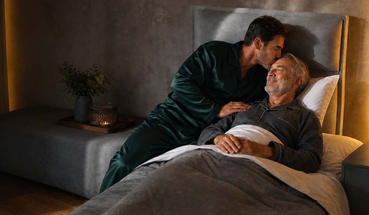 Filho demonstra carinho ao beijar o pai na testa enquanto ele descansa na cama, em um quarto aconchegante e iluminado com luz suave.