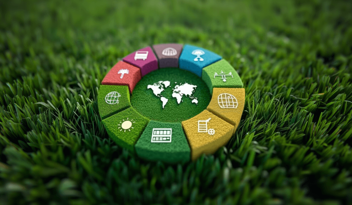 Símbolos coloridos dos Objetivos de Desenvolvimento Sustentável sobre a grama, representando sustentabilidade, responsabilidade social e compromisso ambiental.