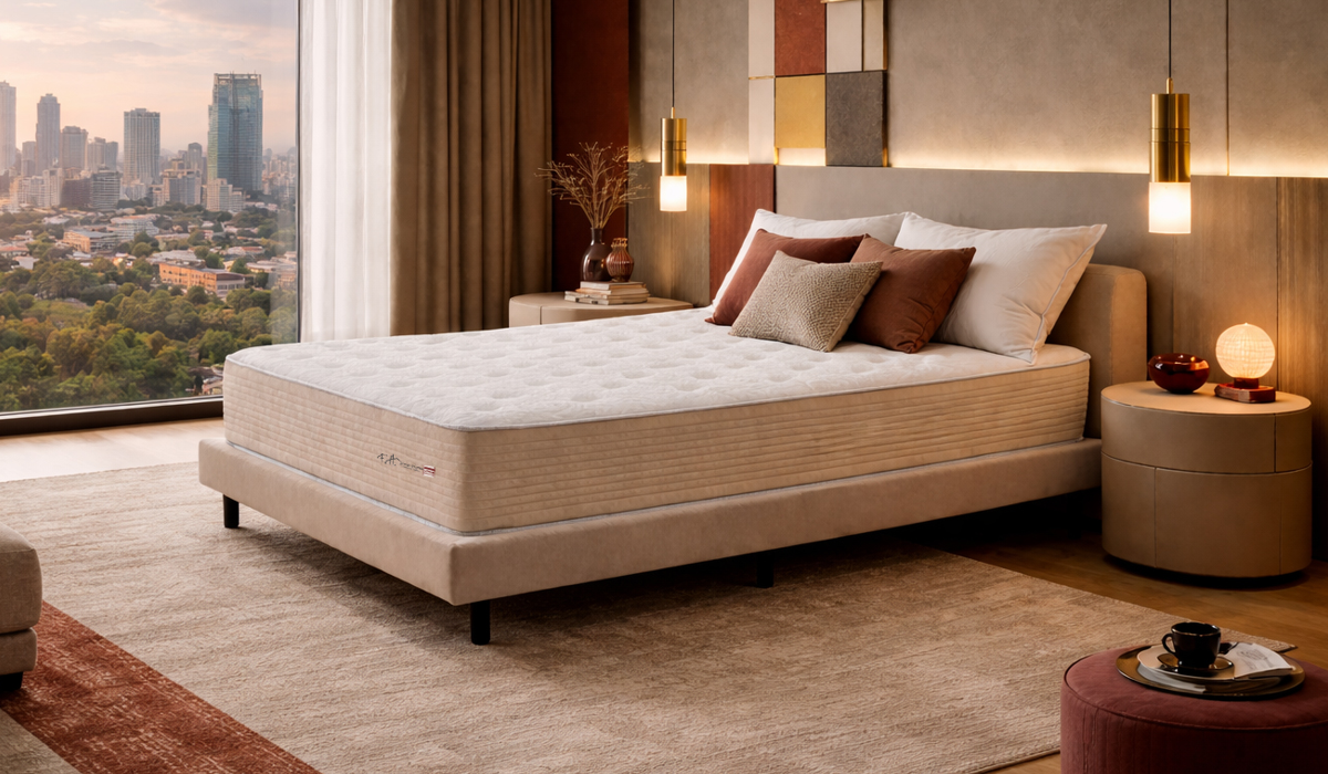 Colchão Sense Firm em quarto sofisticado com vista para a cidade, destacando conforto firme, design elegante e qualidade premium para o descanso.