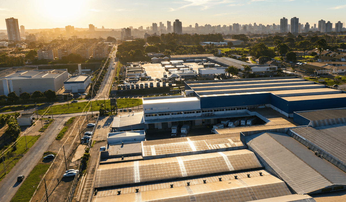 Vista aérea de fábrica iluminada pela luz natural, destacando estrutura industrial, telhados amplos e integração com o ambiente urbano.