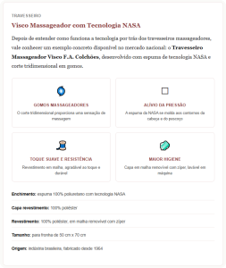 Card informativo sobre o Travesseiro Massageador Visco F.A. Colchões com tecnologia NASA, destacando gomos massageadores, alívio da pressão, toque suave e maior higiene.