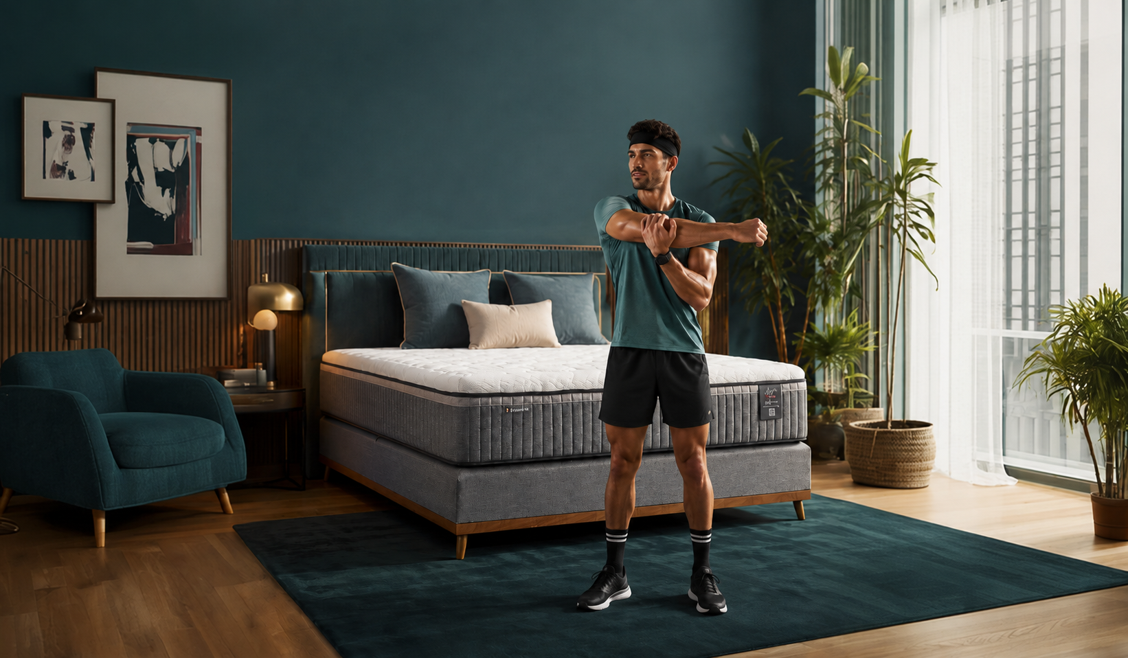 Homem se alongando em quarto moderno com colchão ao fundo, representando a relação entre sono e exercício físico para recuperação e bem-estar.