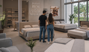 Casal em loja de colchões avaliando opções de colchão novo, em ambiente moderno com diferentes modelos expostos.