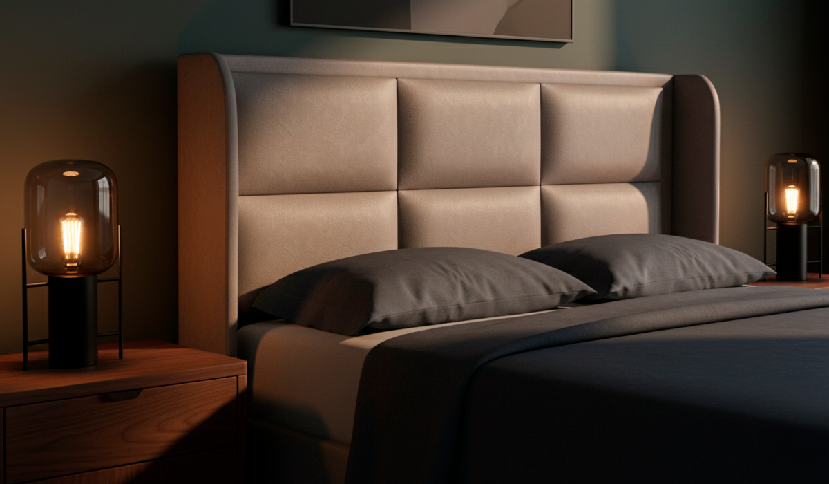 Quarto aconchegante com cama, cabeceira estofada, mesas laterais em madeira e iluminação quente, representando o uso de madeira de reflorestamento em móveis sustentáveis.