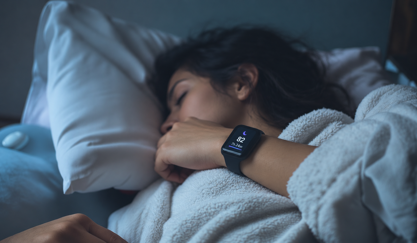 Pessoa dormindo com relógio inteligente no pulso, monitorando dados do sono e representando a relação entre sonhos, ciclos do sono e qualidade do descanso