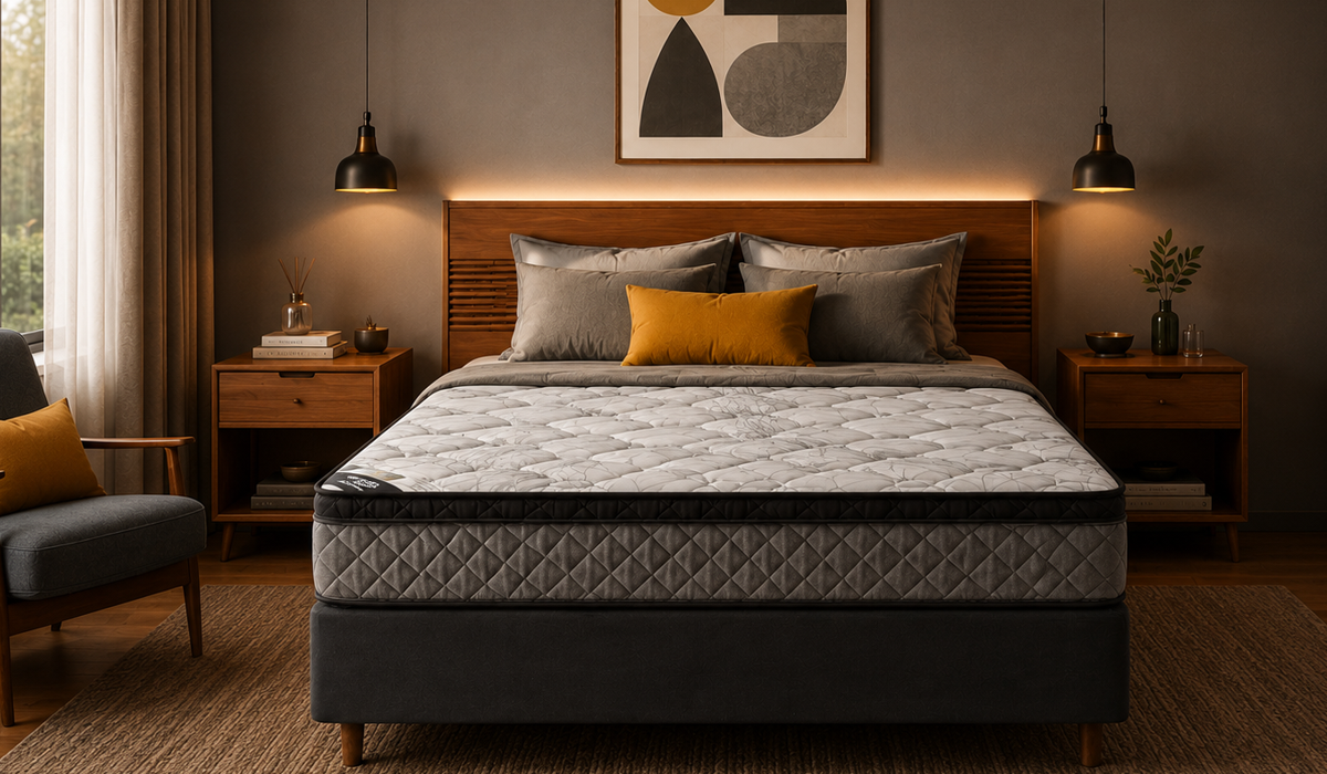 Quarto pequeno com cama de casal, decoração moderna, iluminação aconchegante e móveis compactos em tons neutros e amadeirados