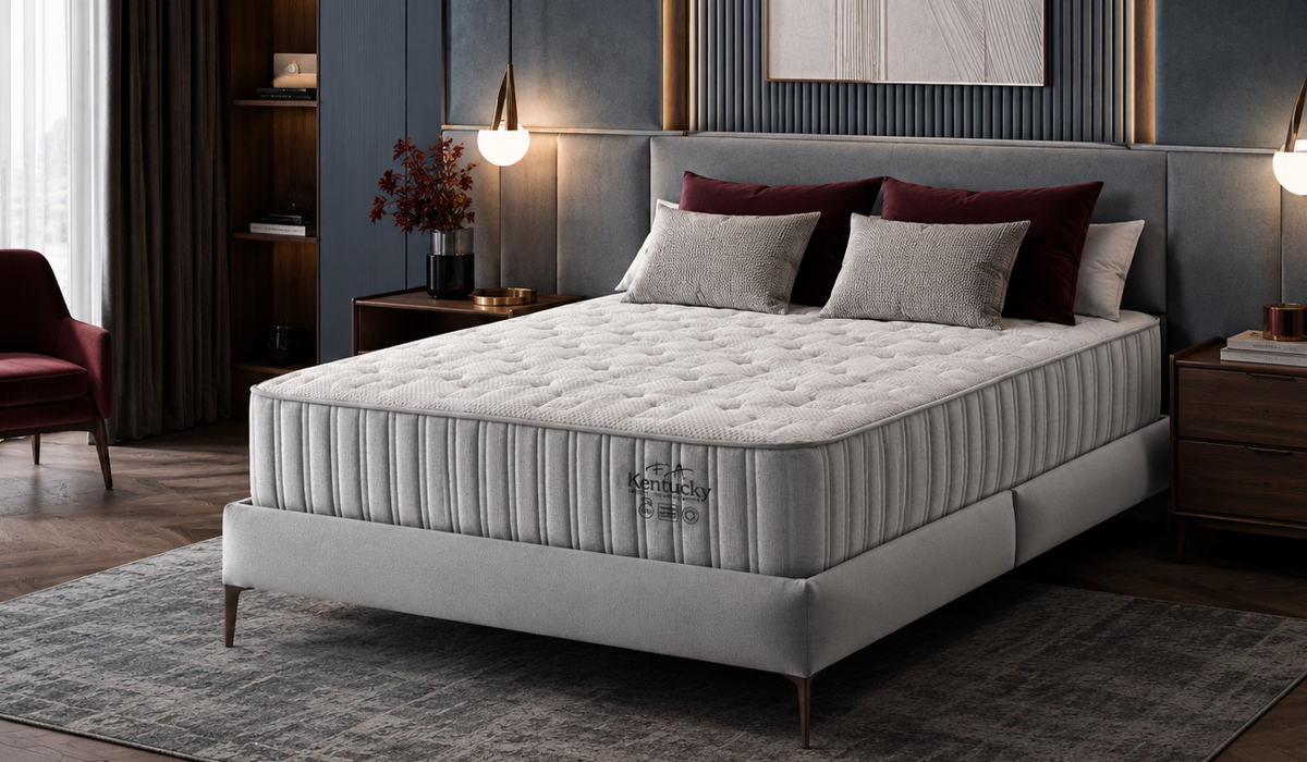 Quarto elegante com colchão em destaque, paredes em tons escuros, iluminação aconchegante e decoração sofisticada, ilustrando a escolha da cor do quarto