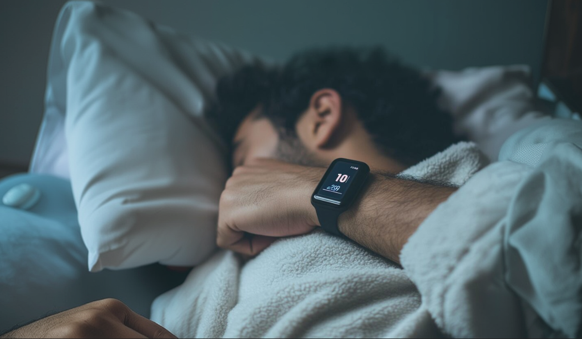 Pessoa dormindo com relógio inteligente no pulso, monitorando dados do sono e representando a relação entre sonhos, ciclos do sono e qualidade do descanso.